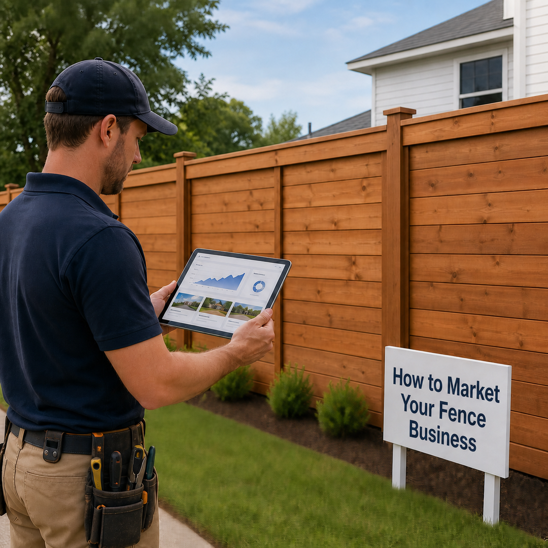 picture of a fence contractor looking at a marketing plan