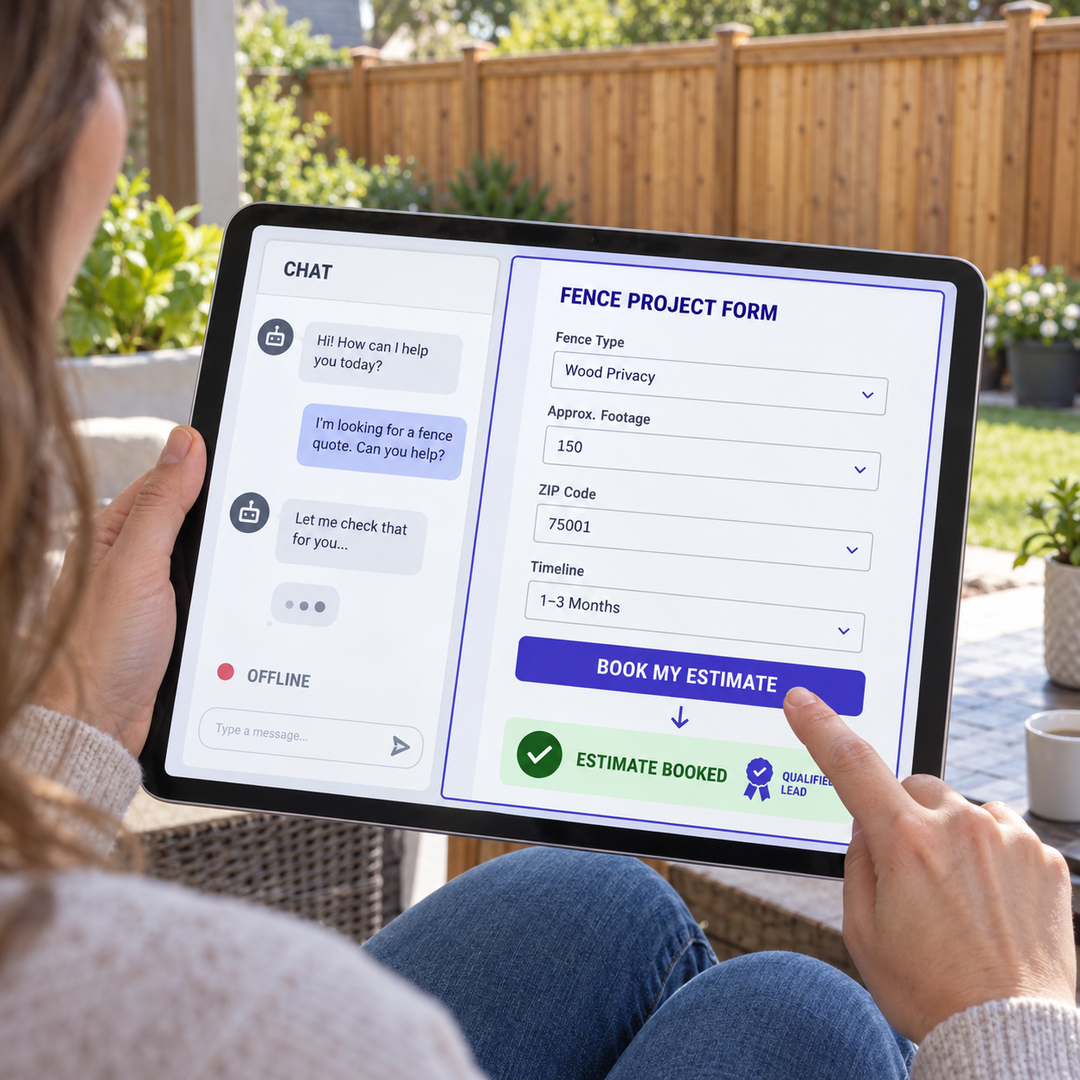 A fence company website with a chat widget open next to a contact form, comparing an automated chat box with a vetted website form