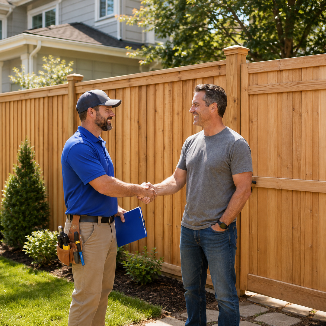 Fence contractor and satisfied homeowner shaking hands beside a completed privacy fence