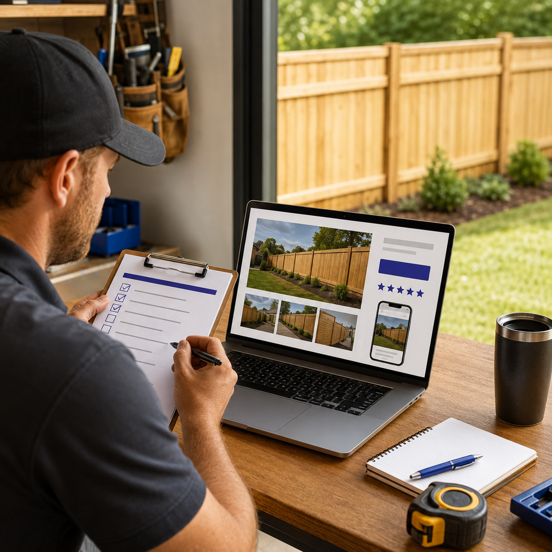 Fence contractor reviewing a website quote checklist on a laptop