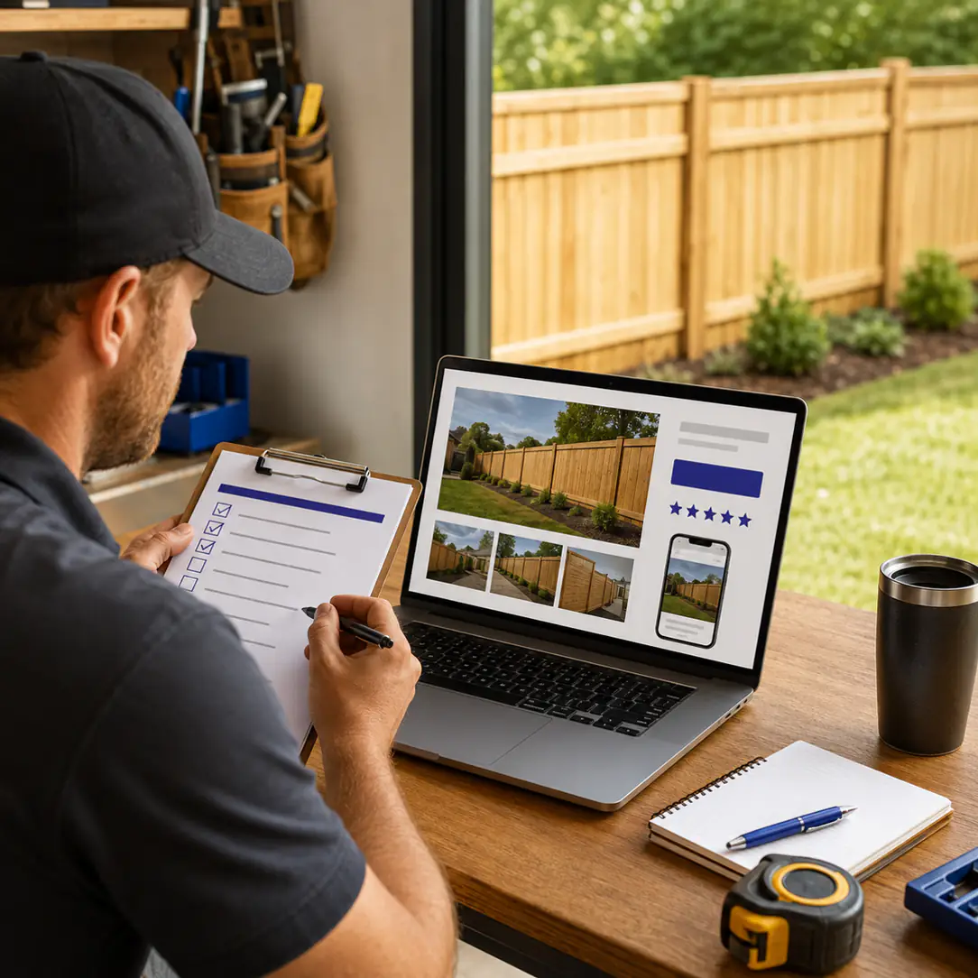 Fence contractor reviewing a website quote checklist on a laptop
