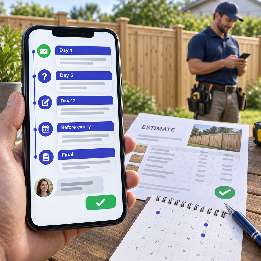 A fence contractor's phone showing a short sequence of follow-up messages sent after an estimate