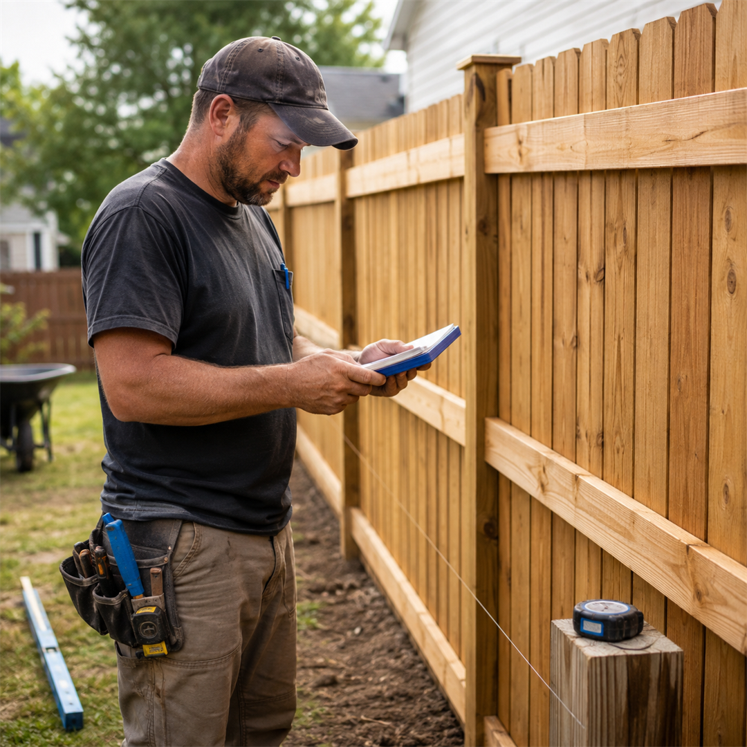 Fence contractor reviewing job costs and measurements beside a newly installed fence