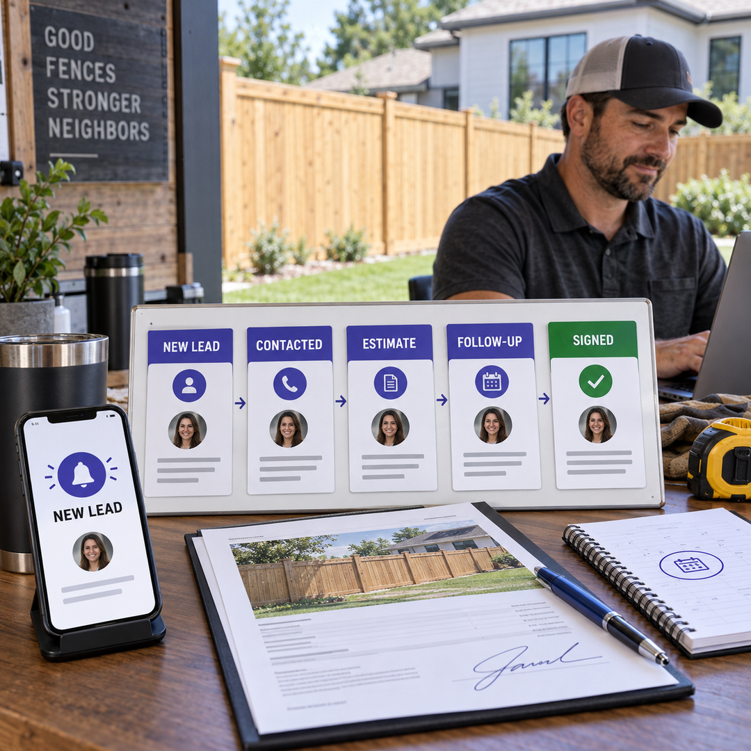 Fence contractor's desk showing a new lead alert, a printed estimate, and a pipeline board tracking jobs from inquiry to signed