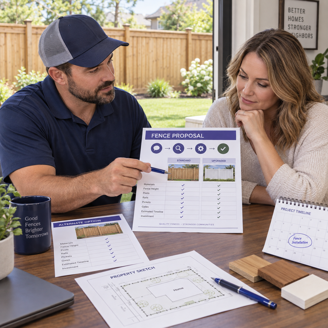 Fence contractor reviewing a printed estimate with a homeowner across a table, working through questions about price and scope