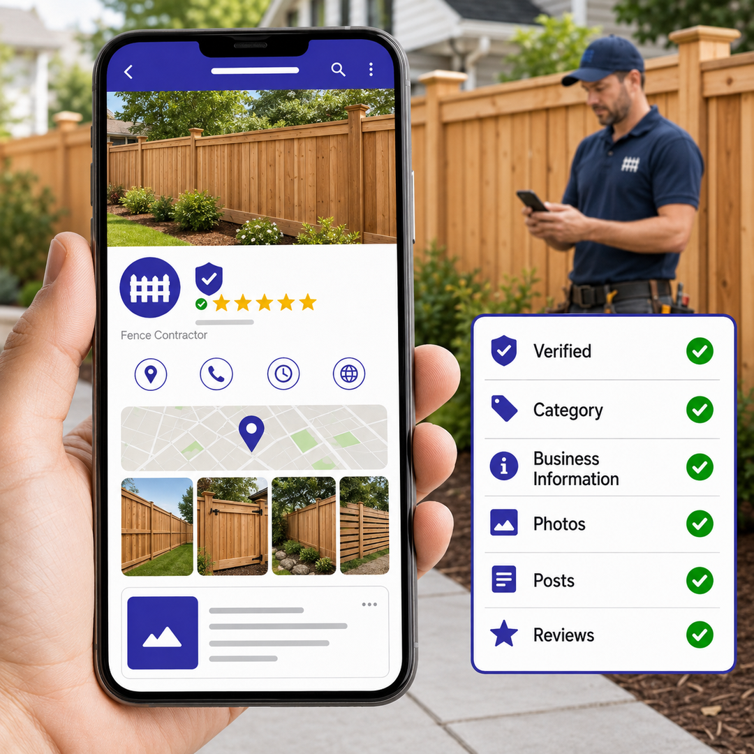Photo of a fence company's Google Business Profile shown on a phone screen