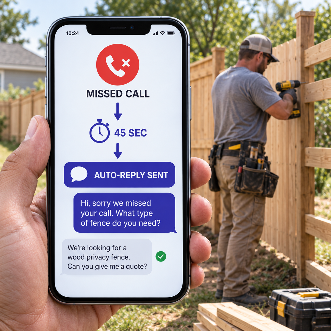 Fence contractor on a job site checking a phone as an automatic text reply goes out to a missed caller